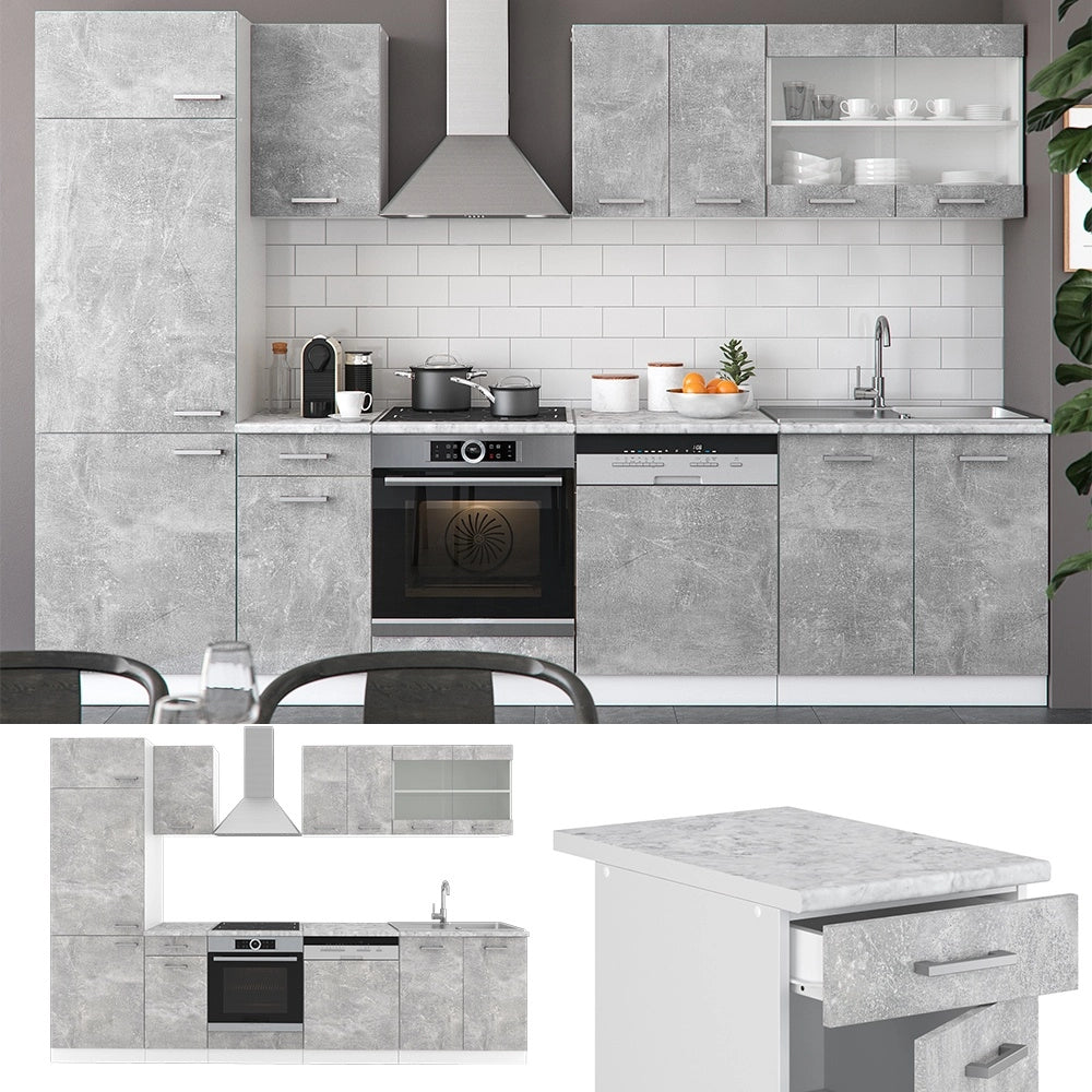 Cucina componibile R-Line Calcestruzzo/Bianco 300 cm, PL Rovere Vicco