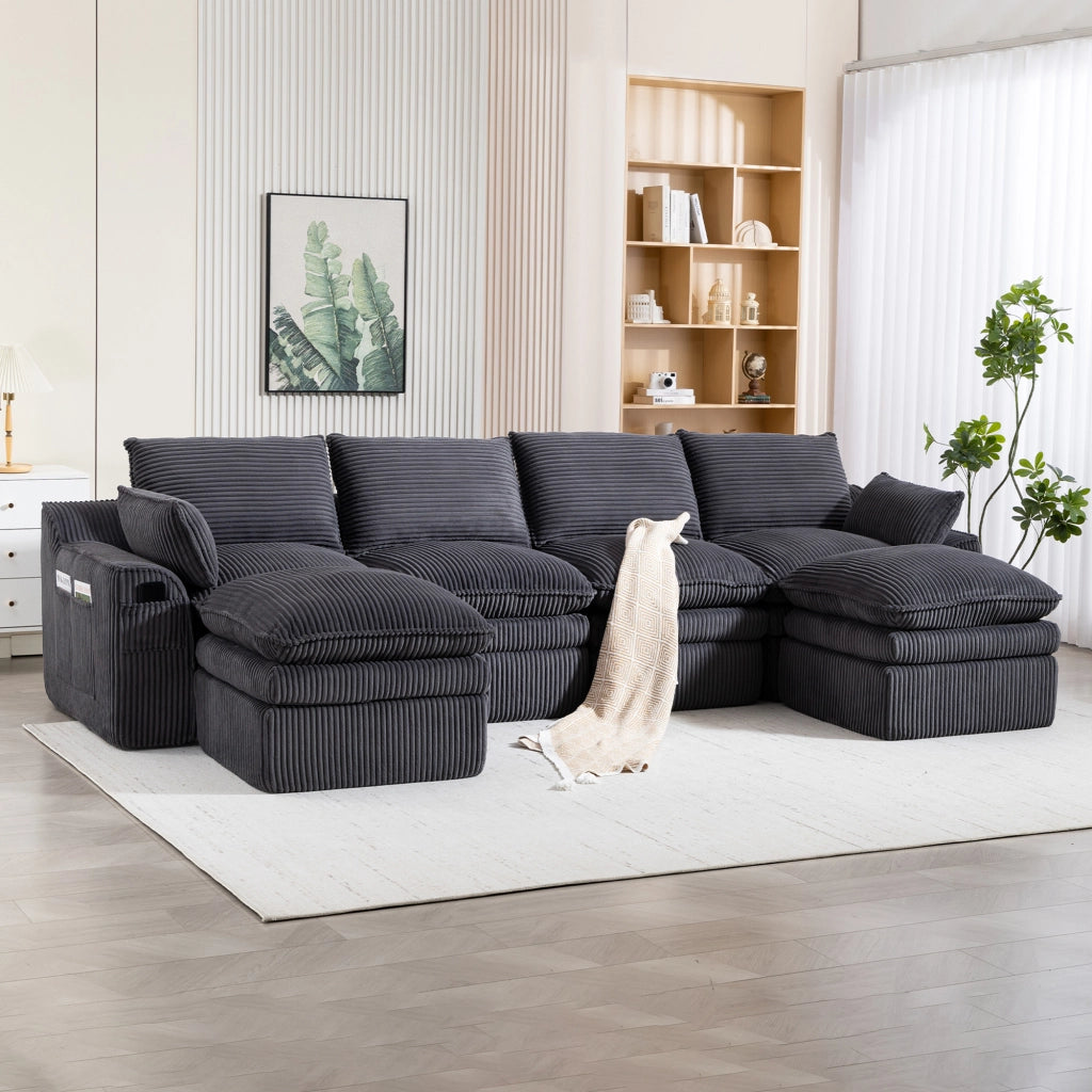 Divano Modulare 4 Posti con 2 Pouf ¨C MINIMAL ¨C Tessuto a Coste, Cuscini, Tasche Laterali, Grigio Scuro