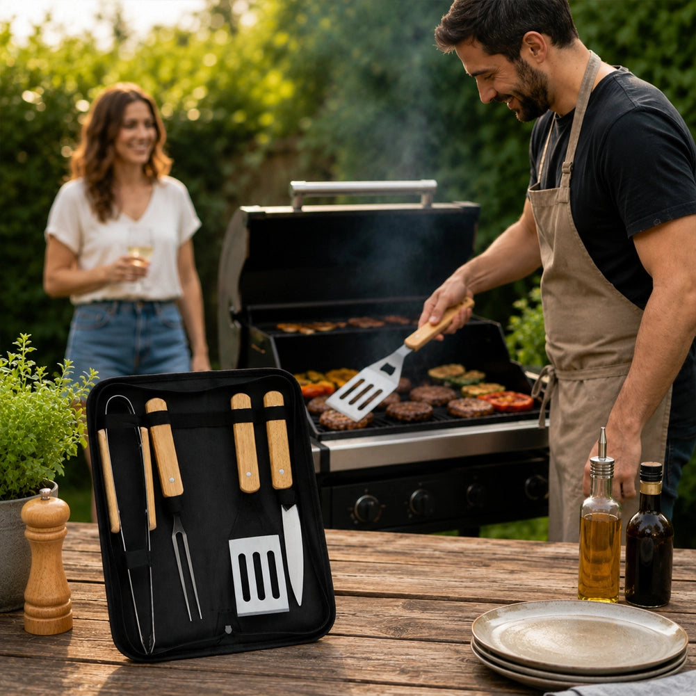 Set 4 Pezzi Accessori per Barbecue con Valigetta Pieghevole con Manico in Legno