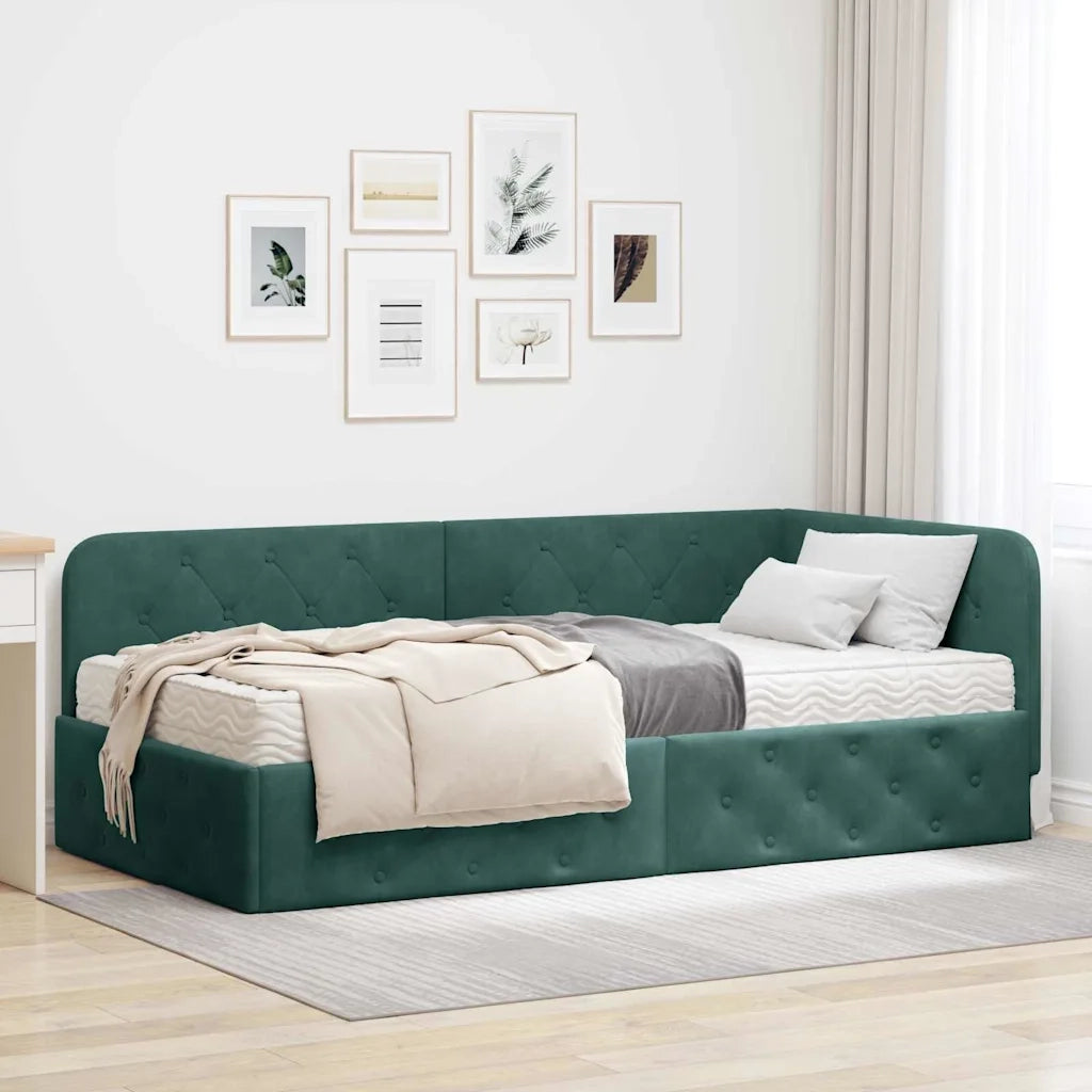 Cornice del letto ad angolo Verde Scuro 90 x 190 cm Velluto
