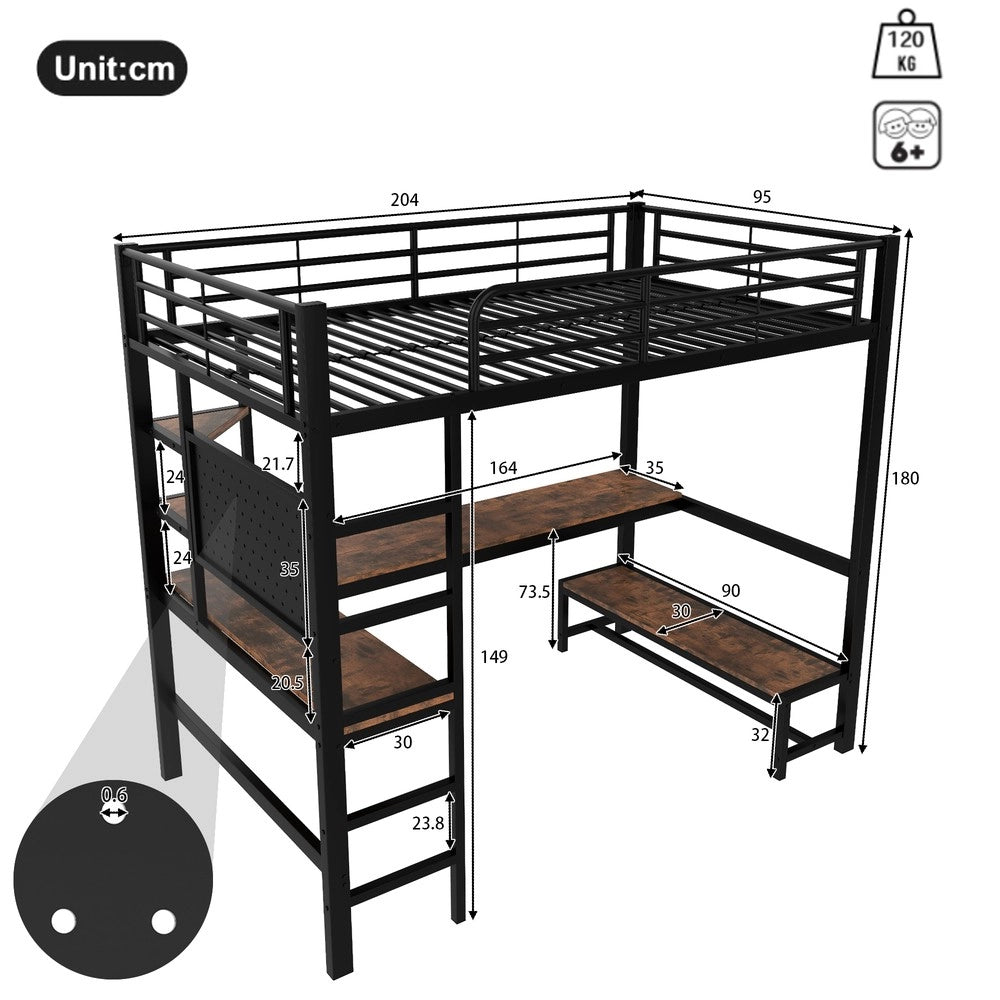 Letto a Soppalco con Scrivania e LED ¨C MINIMAL ¨C Nero, 90x200, con USB e Rete a Doghe