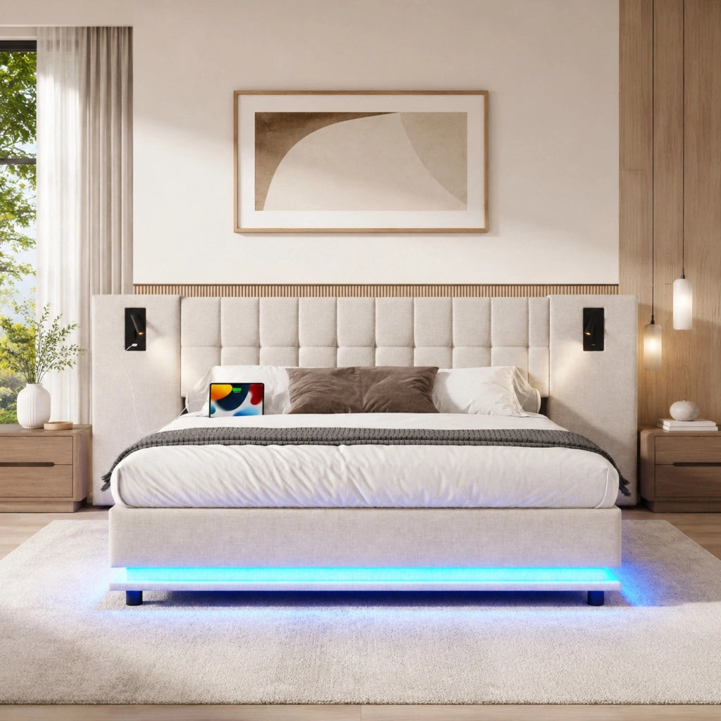 LETTO imbottito 180x200 cm Beige in lino con LED, USB e spot