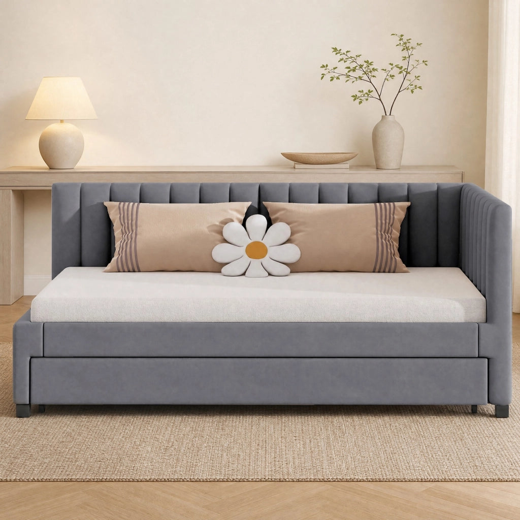 Divano letto imbottito con letto estraibile 90x200 cm; rivestimento effetto velluto grigio