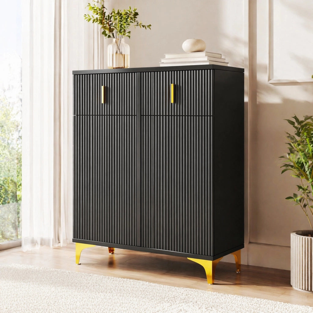 Credenza elegante nera con 2 cassetti, 2 ante e ripiani regolabili