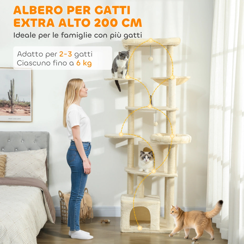 Tiragraffi per gatti multilivello 200cm ¨C Xylo ¨C con 2 casette, 2 lettini e amaca, beige