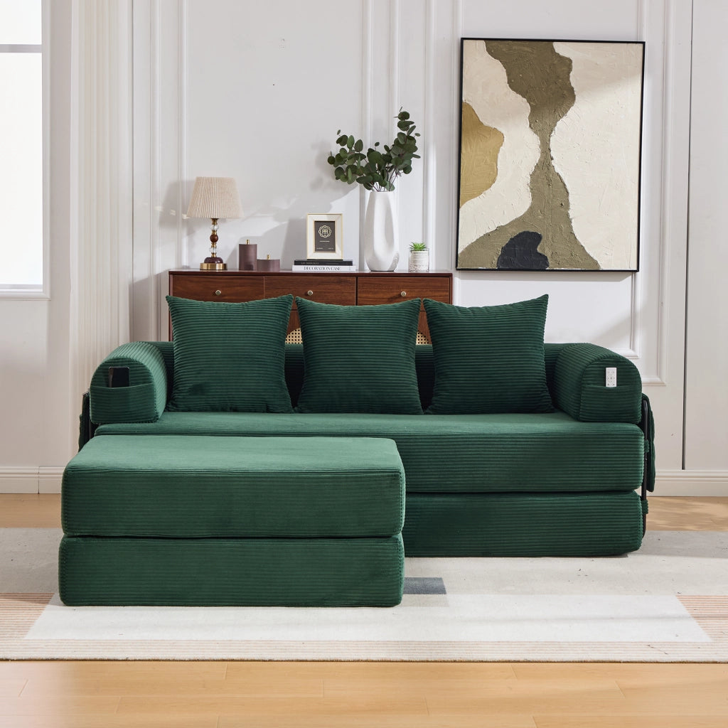 DIVANO Modulare 200x190x67 cm Corda Verde Smeraldo con pouf e 3 cuscini