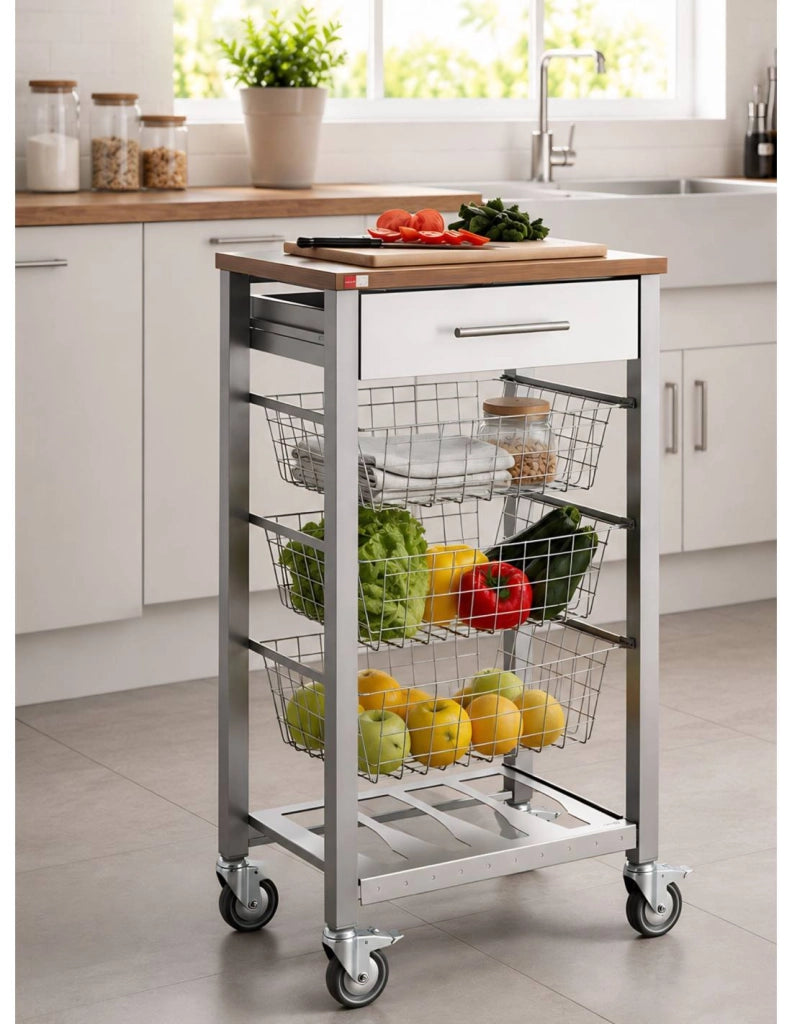 Carrello da cucina con ruote con piano color Ciliegio, ONDA ALUMINIUM