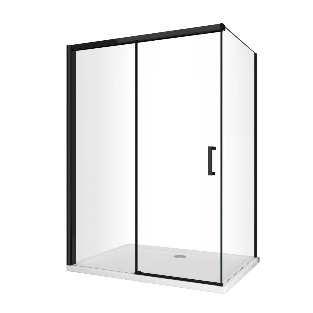 Box Doccia Ad Angolo Con Parete Fissa Laterale e Porta Frontale Con Chiusura Soft Close Ammortizzata H 200 8 MM Telaio Nero Opaco Cm 120 (118-120) x 170 (167-170)