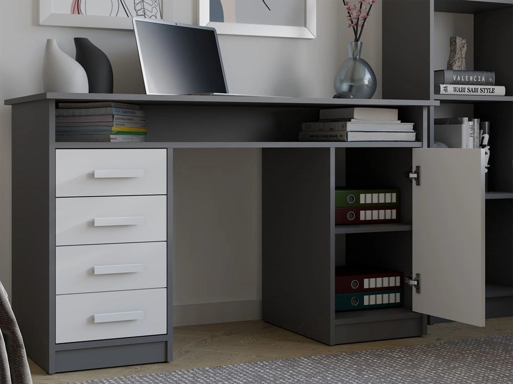 Scrivania ADA antracite bianco 125 cm 4 cassetti mobile con ripiani per ufficio camera e laptop