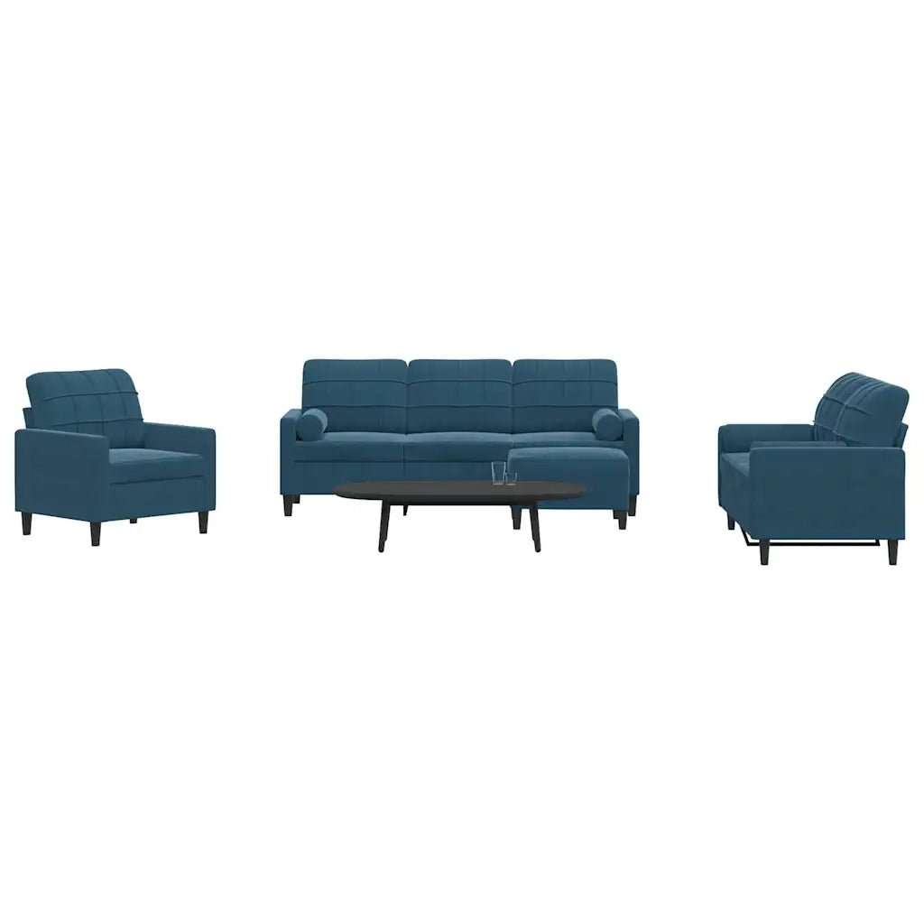 Set di Divani 4 pz con Cuscini e Rinforzi Blu in Velluto
