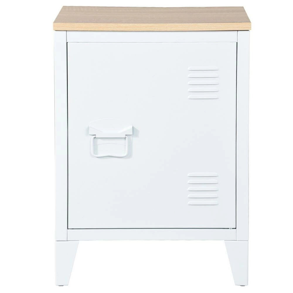 Mobiletto Comodino in Metallo e Legno MDF 2 Ripiani + Anta Design Moderno Bianco