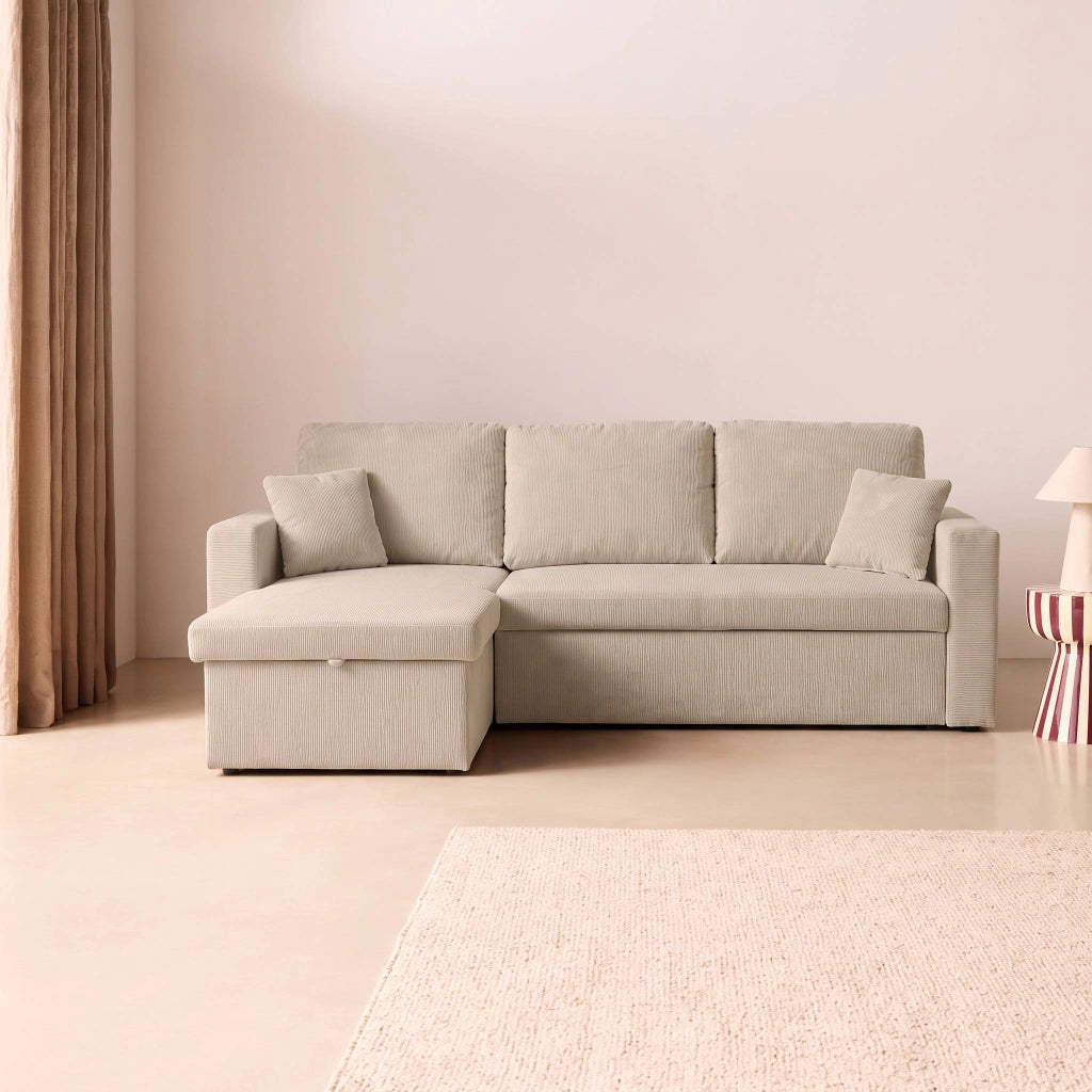 Divano letto angolare reversibile in velluto a coste, 3 posti, beige
