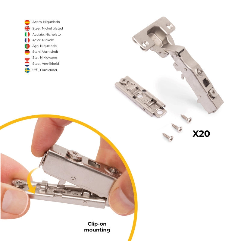 Lotto di 20 cerniere collo dritto X91 con chiusura soft e Basetta a vite, altezza 1, Acciaio, Nichelato