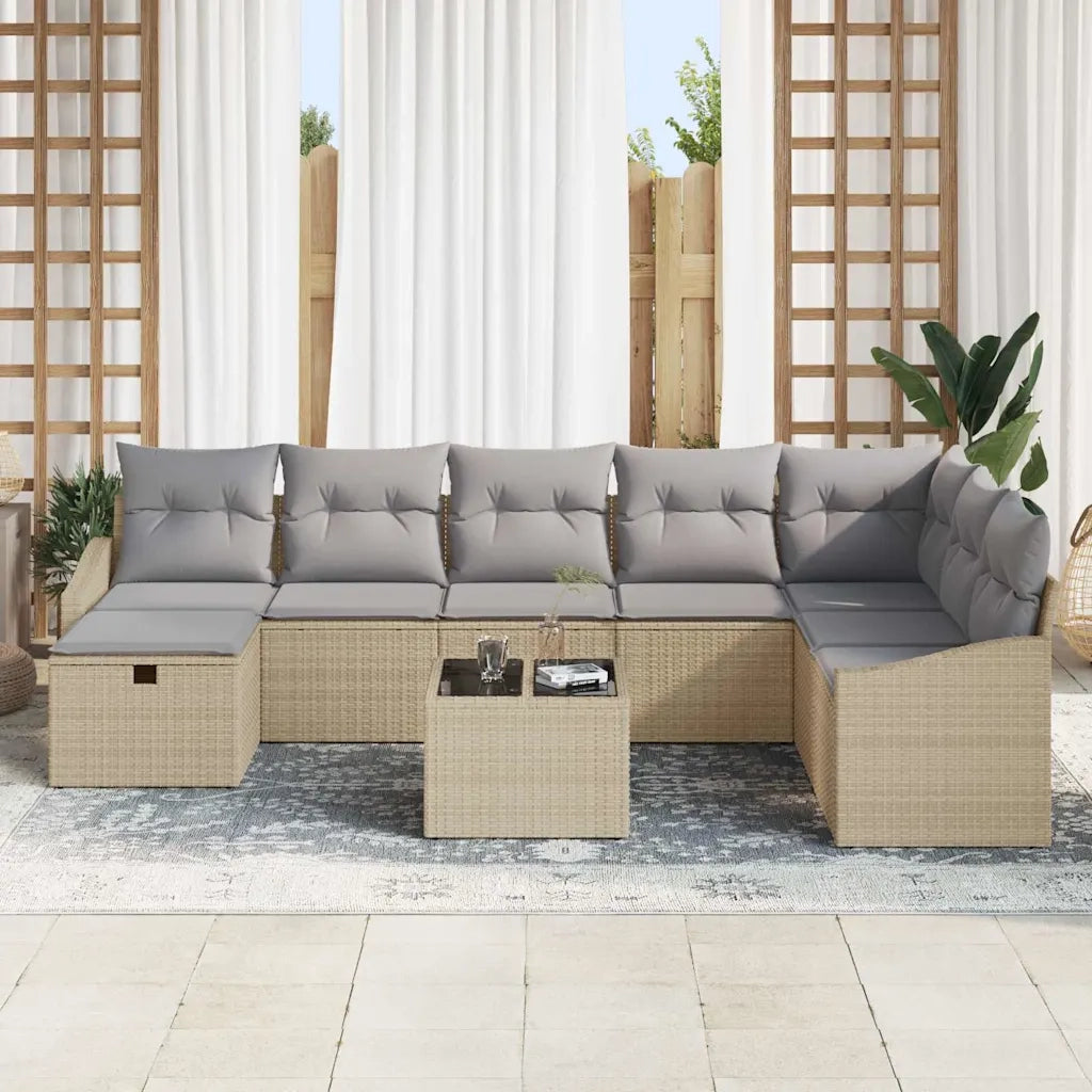 Set Divano da Giardino con cuscino 9 pcs Beige Poly Rattan