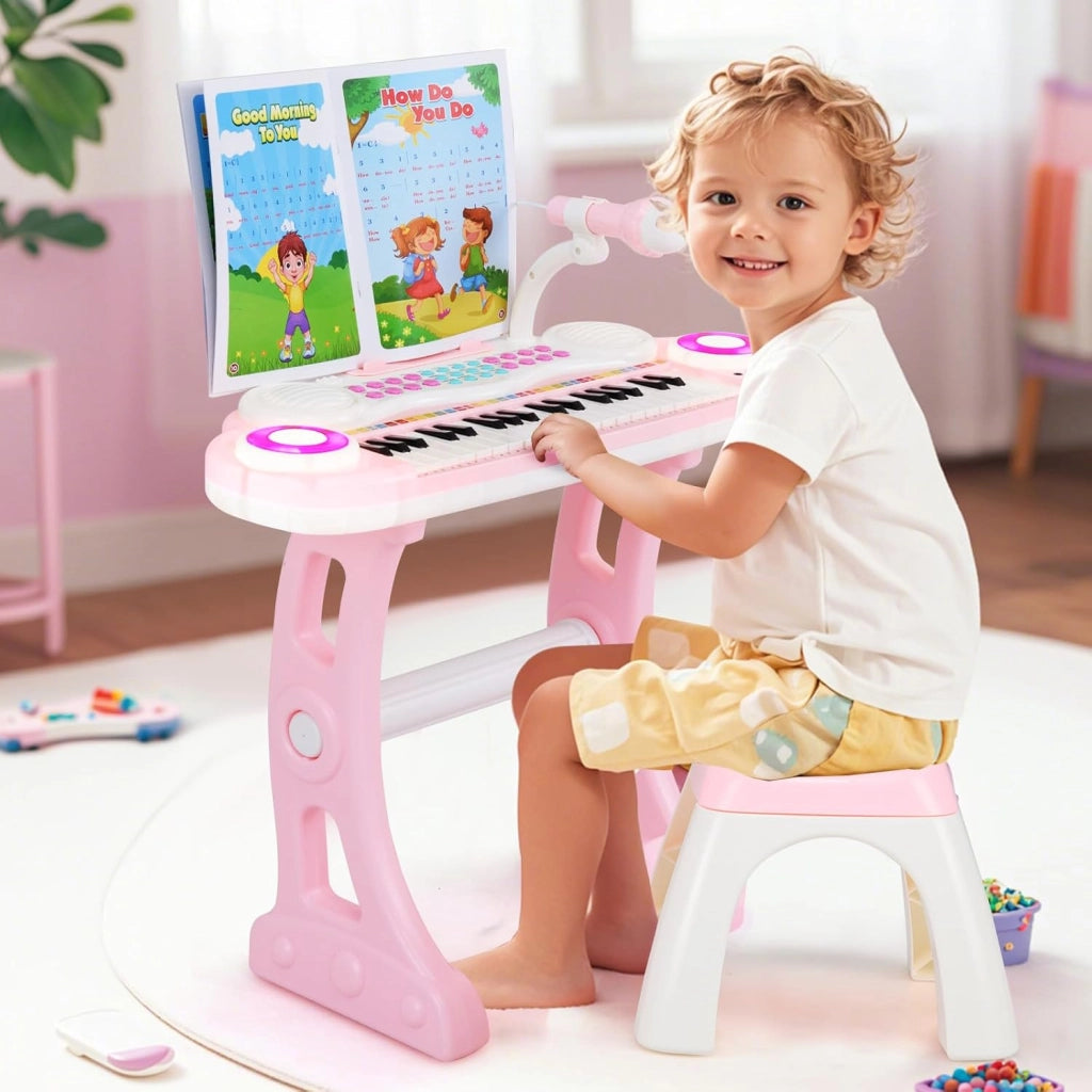 Tastiera Pianoforte a 37 Tasti per Bambini, Piano Elettronico per Bambini con Microfono, Sgabello e Supporto per Spartiti, 8 Ritmi e 8 Strumenti, per Bambini 18+ Mesi (Rosa)
