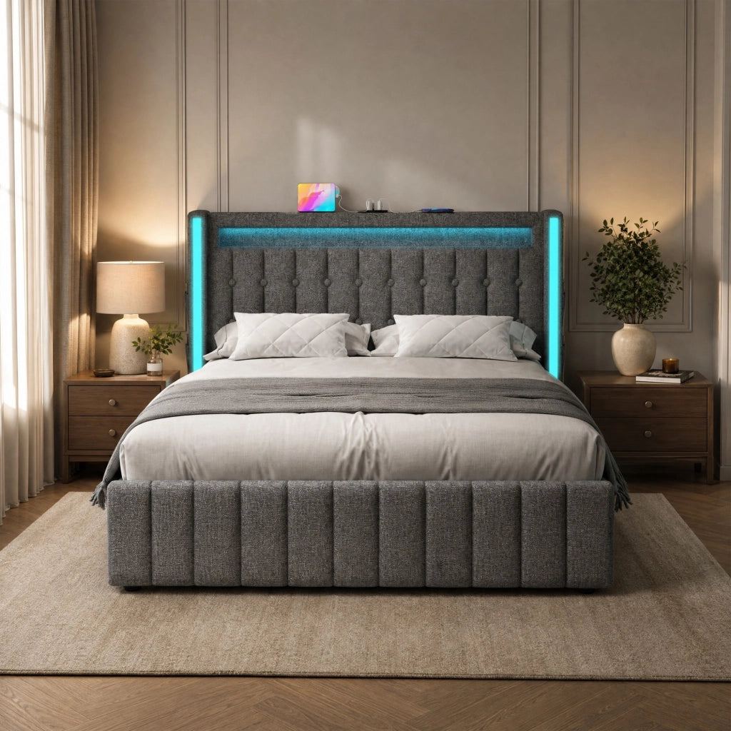 LETTO imbottito 140x200 cm grigio in lino con USB-C, LED e 4 cassetti
