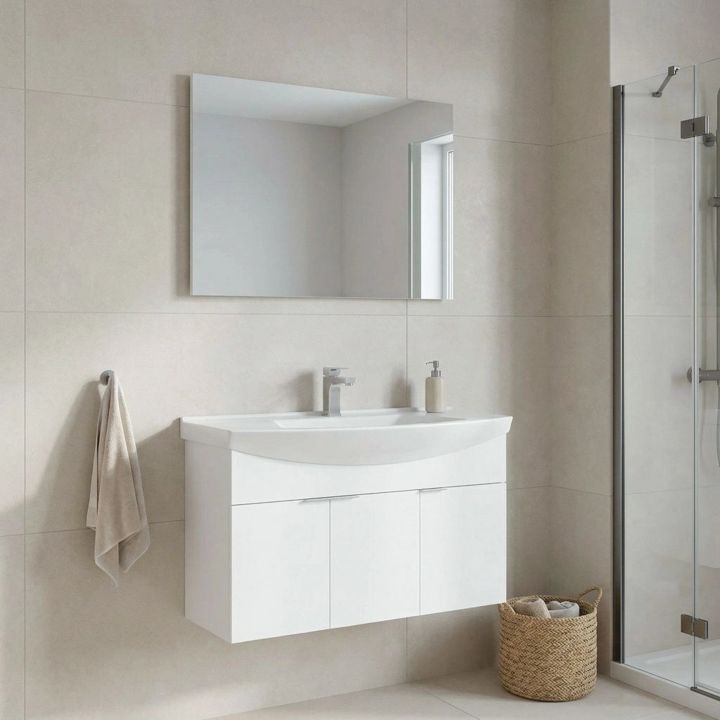 Set mobile lavabo con specchio (2 pezzi) "Purus 100" - 100 x 50 x 58 cm - Bianco
