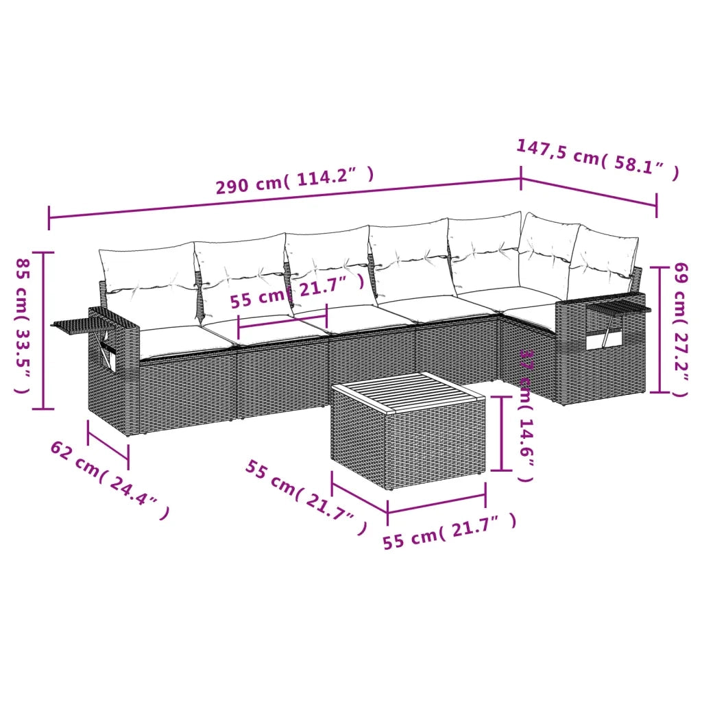 Set Divano da Giardino 7 pz con Cuscini Beige Misto Polyrattan