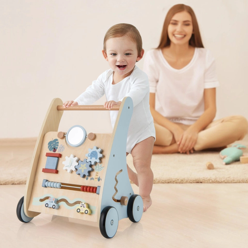 Carrello primi passi per bambini di legno, Camminatore da spinta con centro di apprendimento multiattivit¨¤ 35x31x46cm-Primi passi
