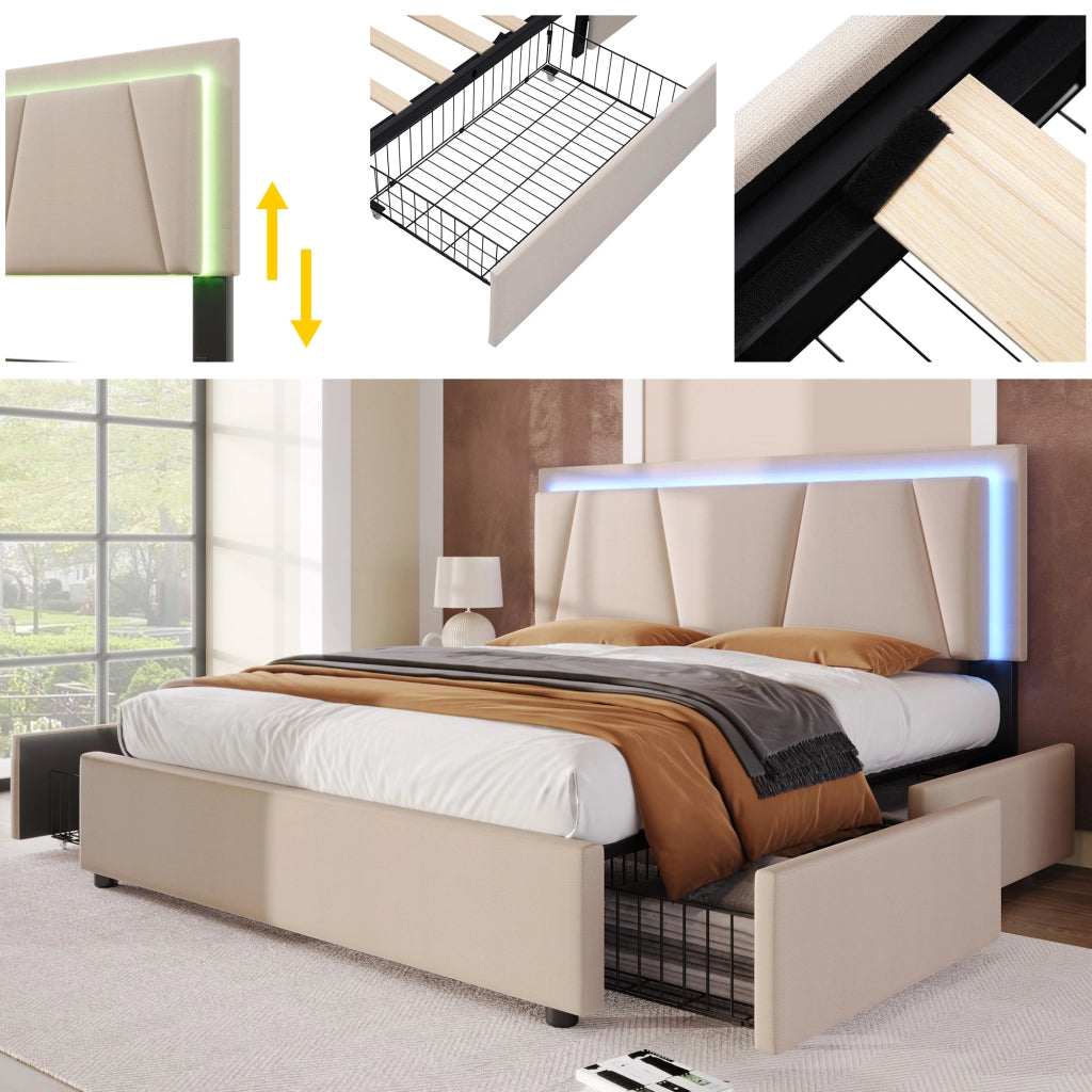 LETTO 160x200 cm con testiera regolabile, LED, 4 cassetti, Beige