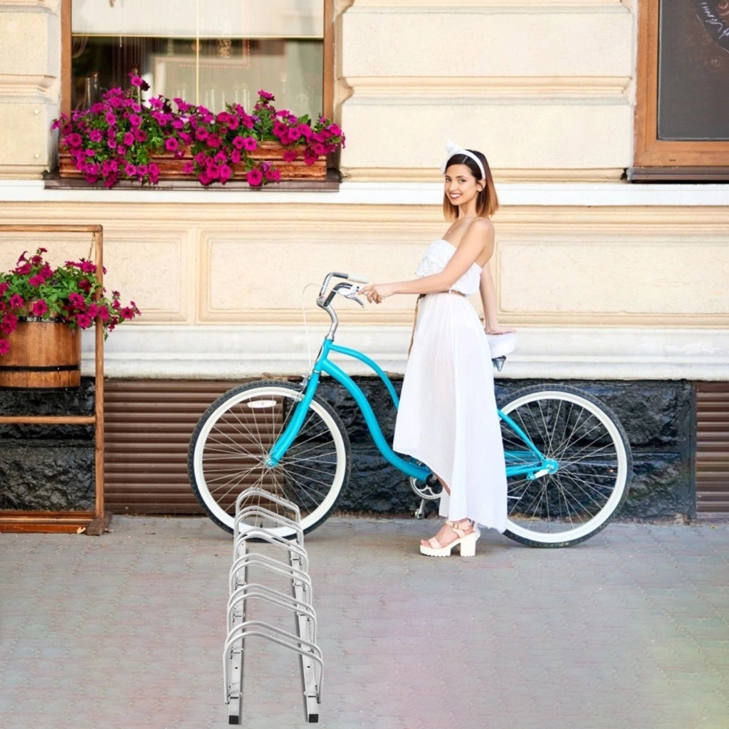 Rastrelliera in telaio d'acciaio per biciclette, Portabiciclette parcheggio per 6 bici Argento