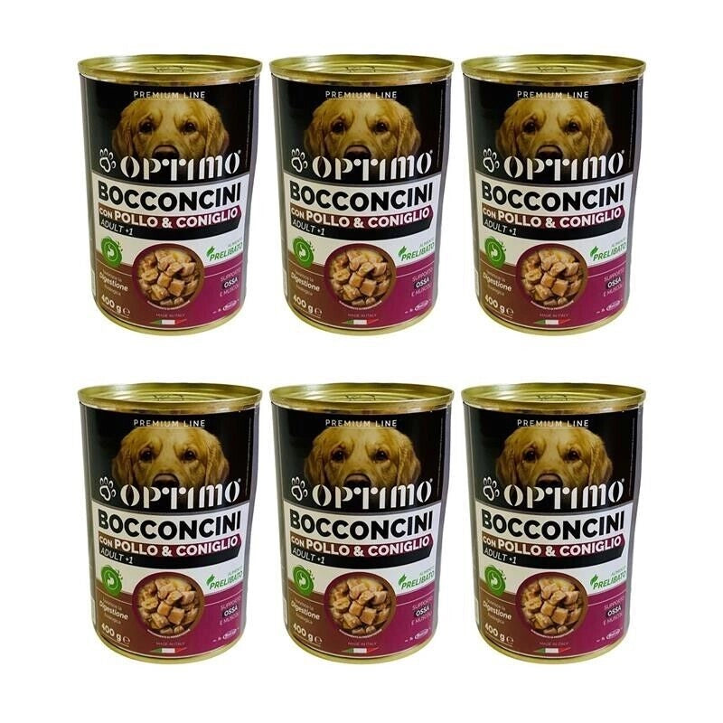 KIT SET 6 PZ OPTIMO BOCCONCINI PER CANE AL GUSTO POLLO E CONIGLIO DA 400 GR
