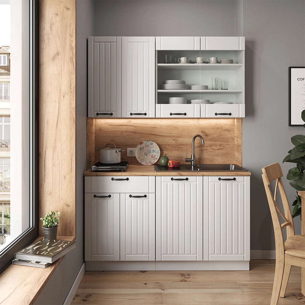 Cucina completa Fame-Line Bianco rustico/Bianco 140 cm, PL Marmo Vicco