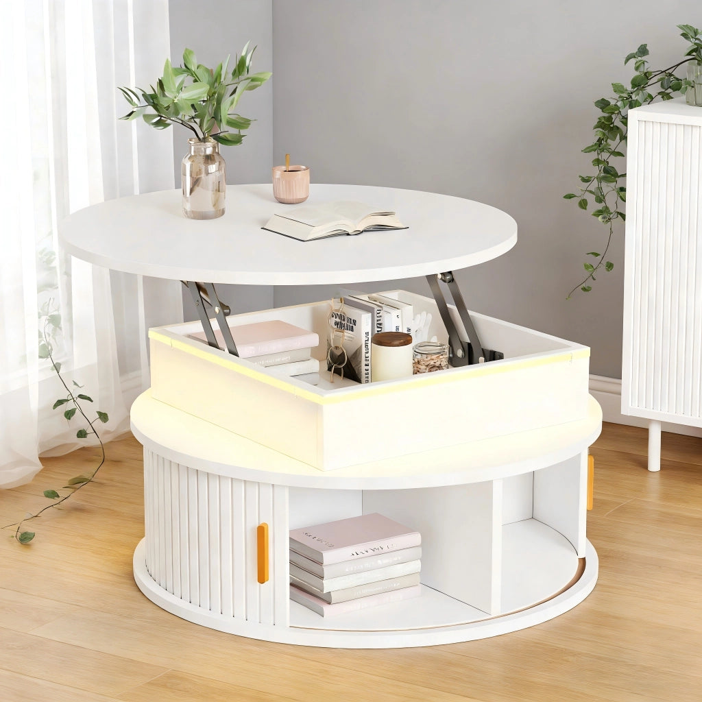 Tavolino da caffè rotondo bianco 75 cm regolabile in altezza con LED e vano contenitore