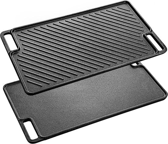 Grillpan in ghisa per forni a gas, grillpan in ghisa doppio uso, padella in ghisa per griglia a gas e elettrica, grillpan per barbecue, campeggio, giardino - 45,5 x 26 cm