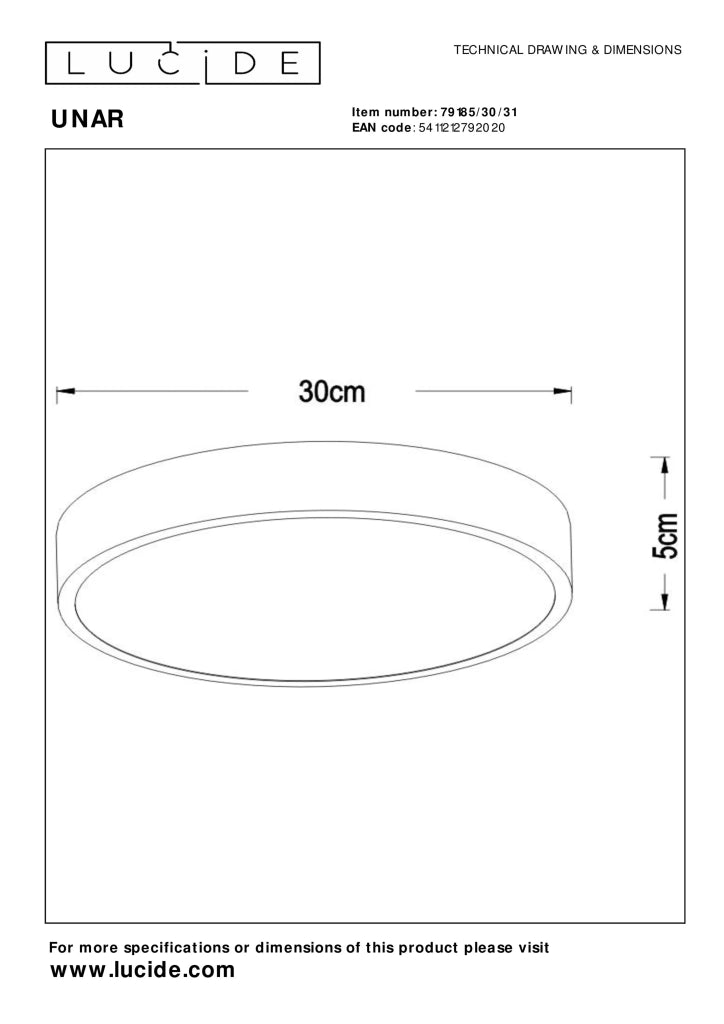 Plafoniera LED rotonda 30cm 18W bianca Lucide UNAR