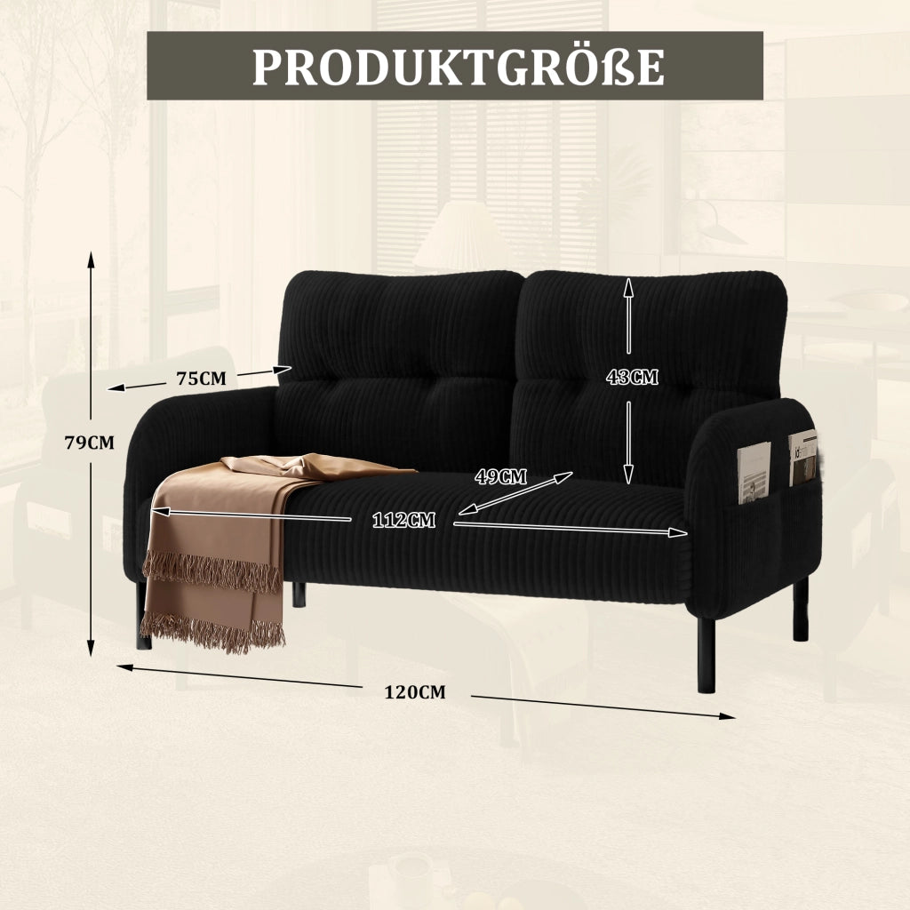 DIVANO 2 POSTI 120 x 75 x 79 cm in velluto a coste Nero