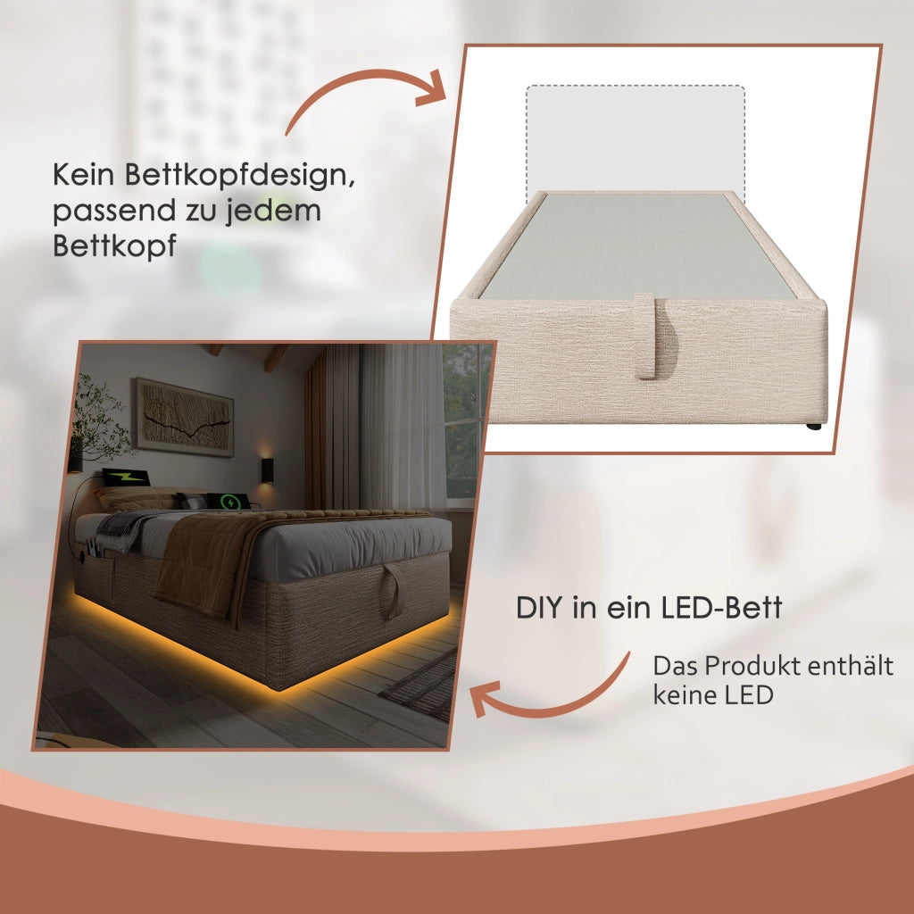 LETTO Contenitore 90x190 cm in lino Naturale con USB e Type-C