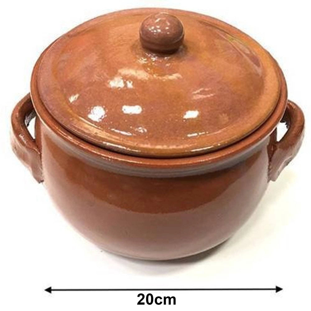 Trade Shop - Pentola Tegame In Terracotta Bombata Con Manici E Coperchio Da Forno Cottura 20 -