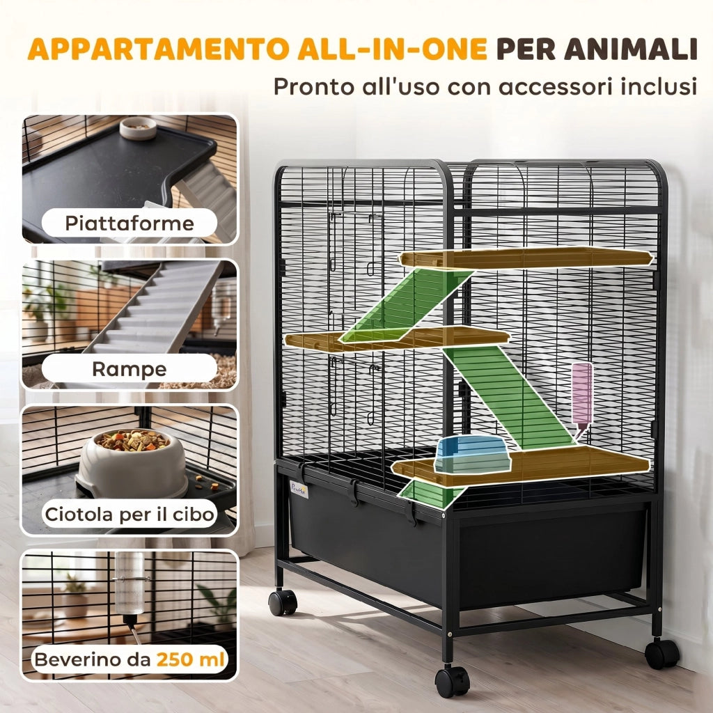 Gabbia per Conigli 4 Livelli ¨C Minimal ¨C Nero Acciaio con Ruote