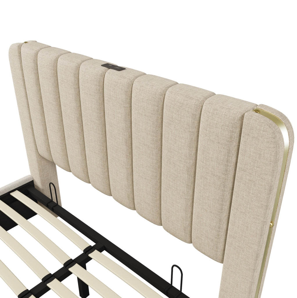 Letto imbottito contenitore 140x200 cm con USB e Type-C; beige