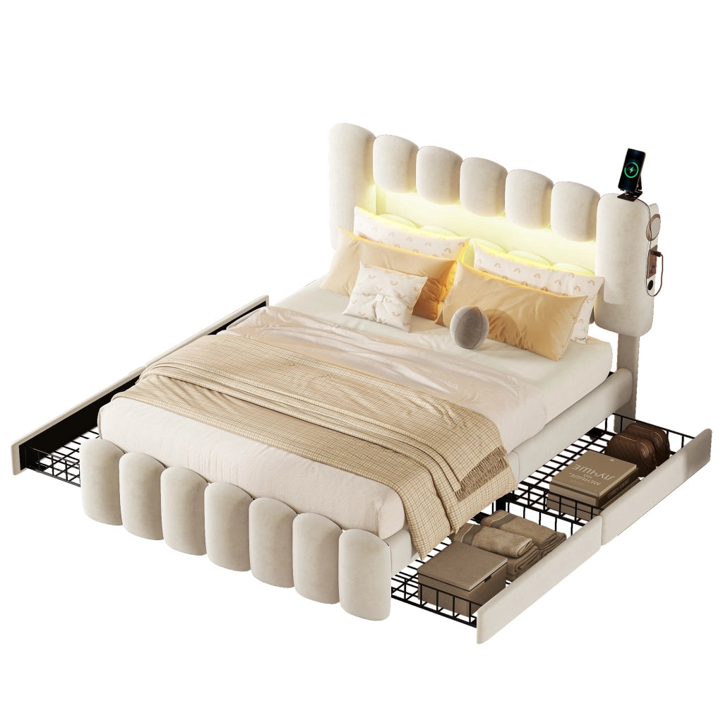 Letto Imbottito con Cassetti e LED ¨C MINIMAL ¨C Velluto Beige 160x200