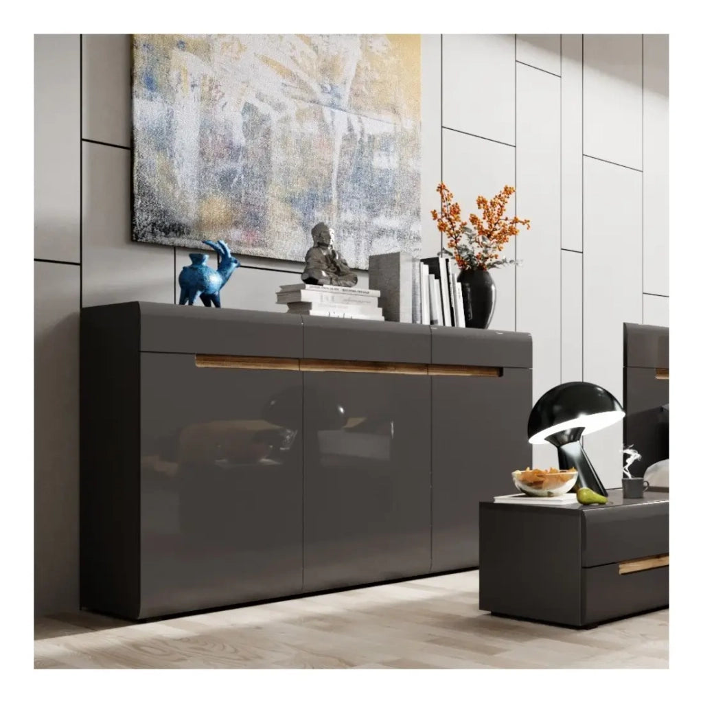 Comò design LUCIA, 3 porte e 3 cassetti. Color grigio lucido e rovere.