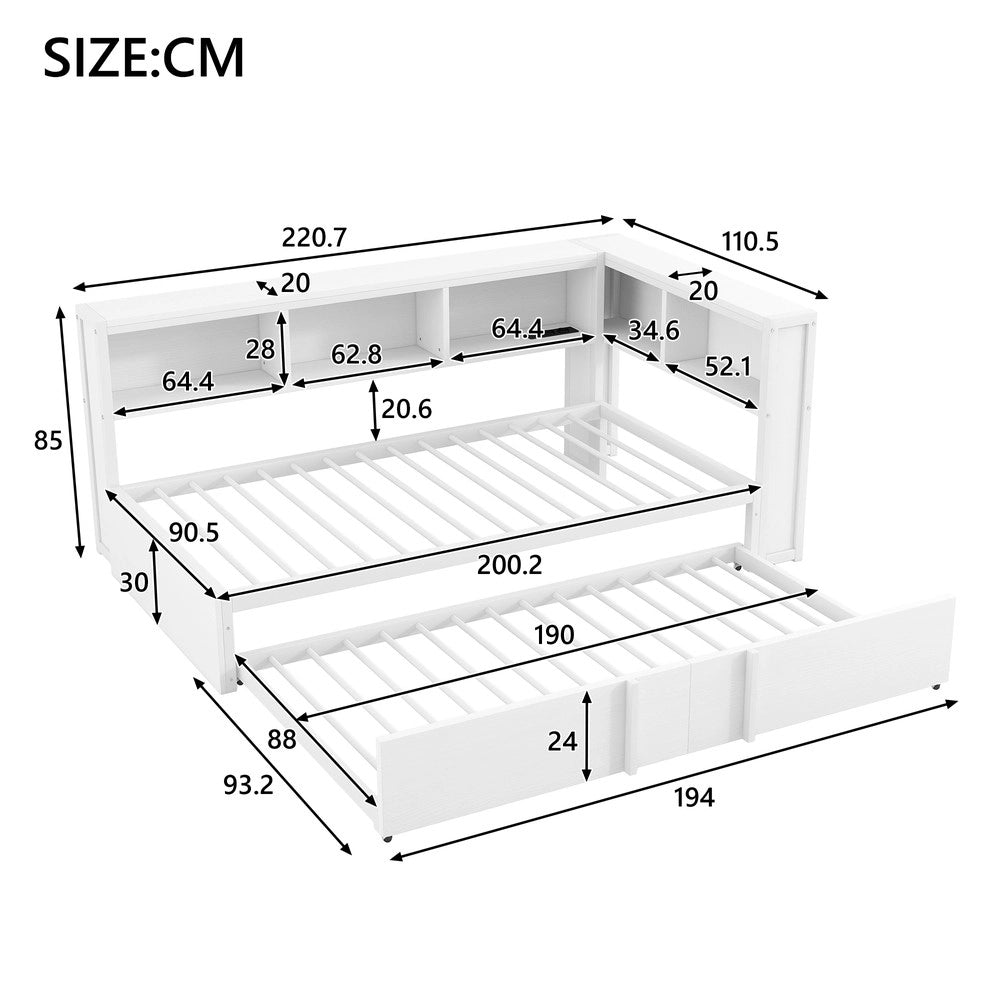 Letto con Rete Estraibile, LED e USB ¨C MINIMAL ¨C Metallo Bianco 90x200