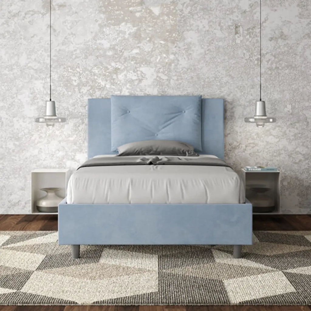 Letto una piazza e mezza senza rete imbottito 120x210 microfibra azzurro Appia