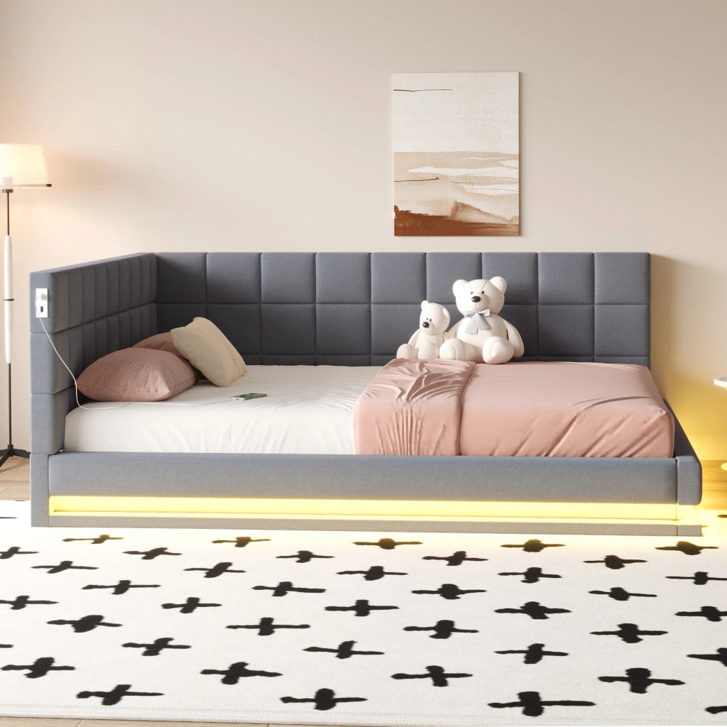 LETTO Imbottito Convertibile 160x200 cm Grigio in lino con LED e USB
