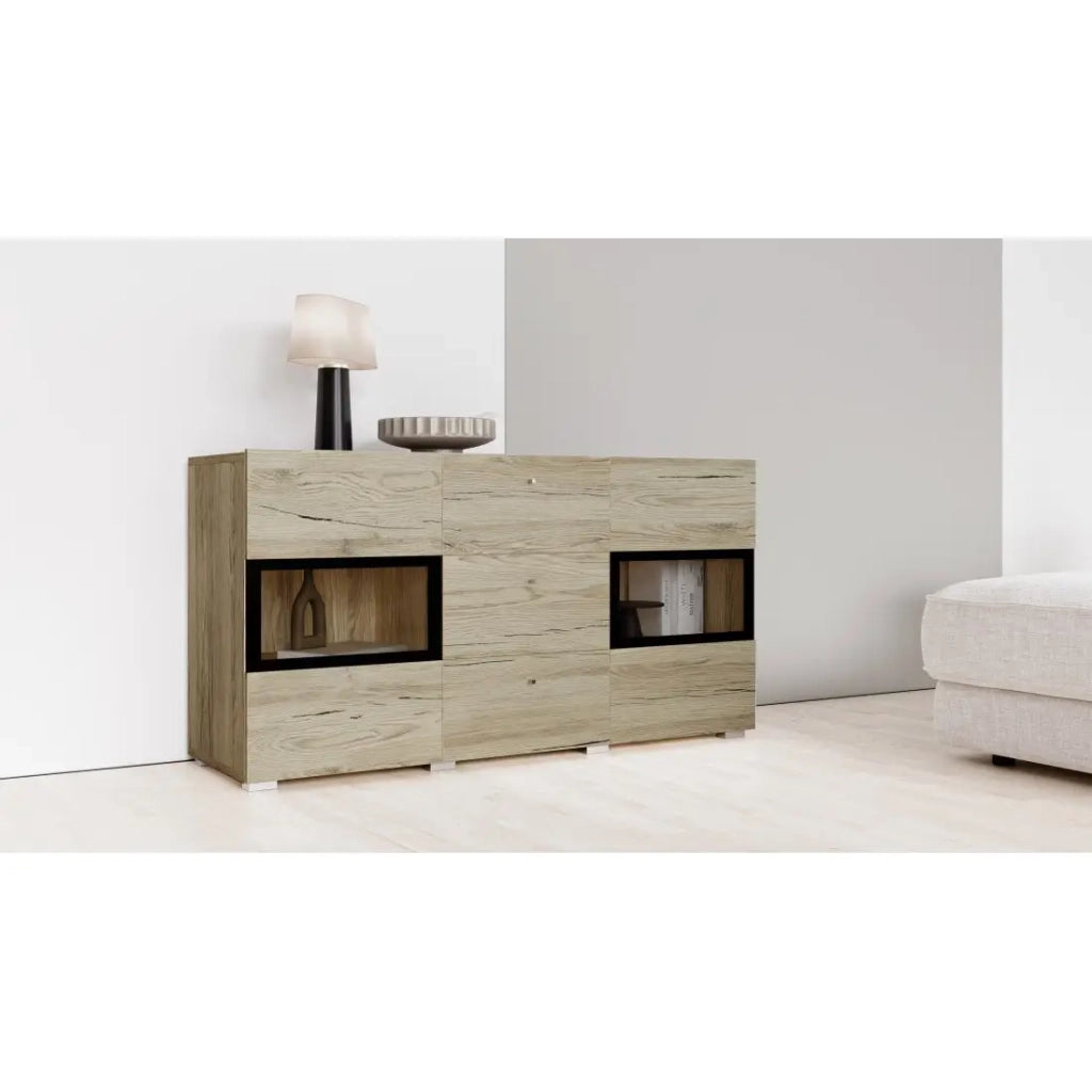 Buffet RAMOS – 2 porte in vetro + 3 cassetti – Color quercia e nero – Design contemporaneo – LED non inclusa