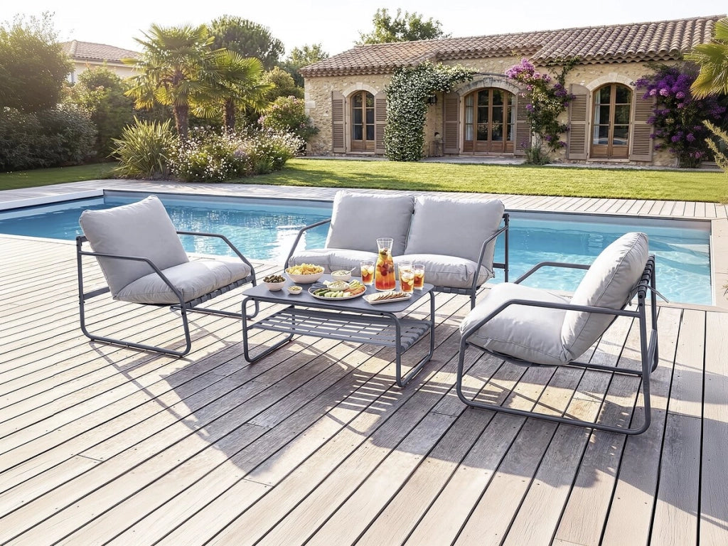 Set di mobili da giardino in metallo "Sora" con cuscini - 4 posti - Grigio