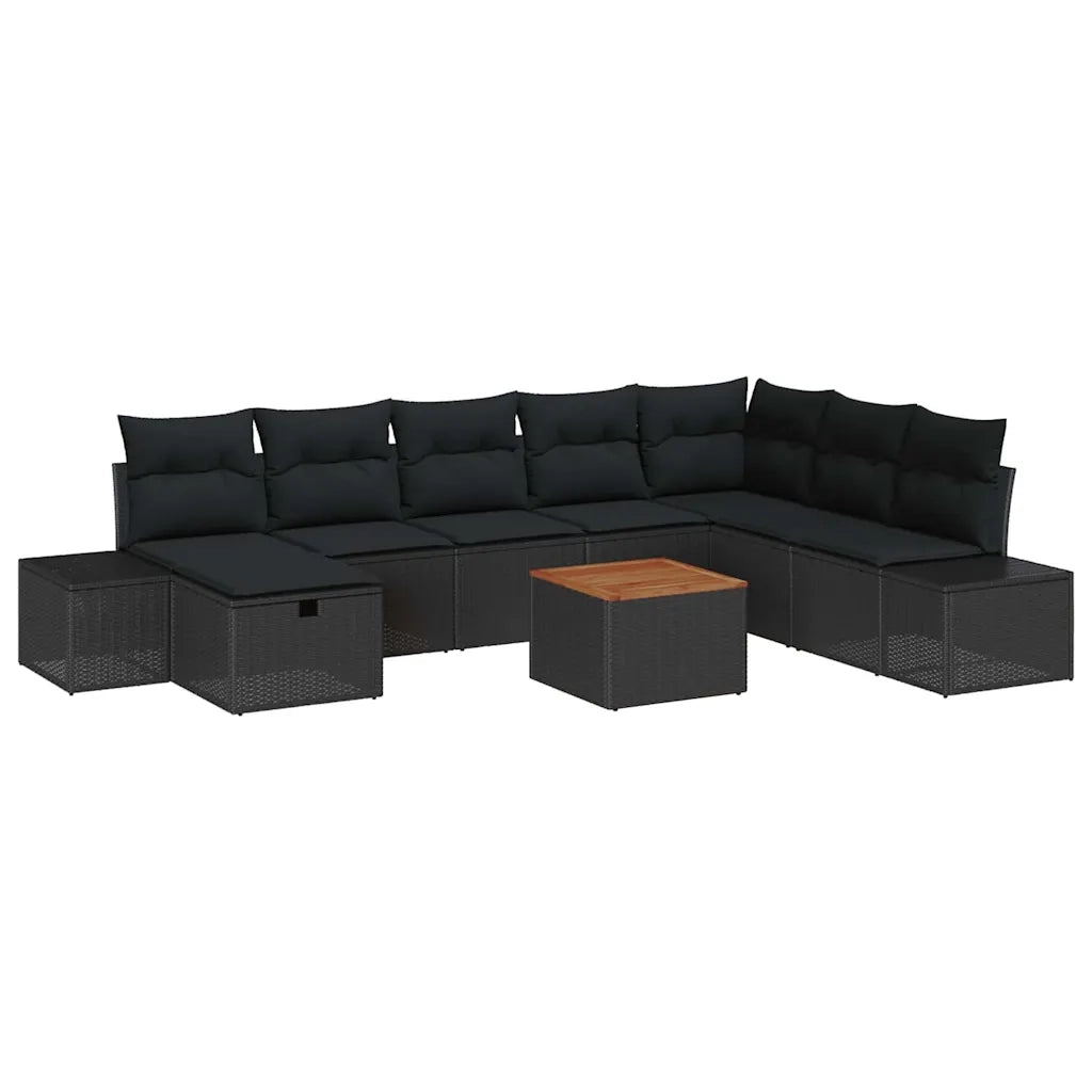 Set Divano da Giardino con cuscino 9 pcs Nero polyrattan