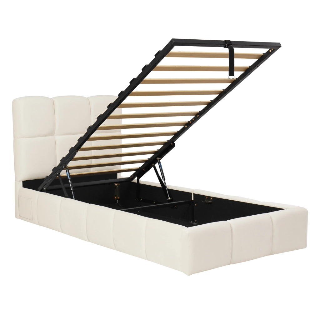 Letto imbottito 90 x 200 cm, letto per bambini, con vano portaoggetti, presa di ricarica USB, velluto, beige