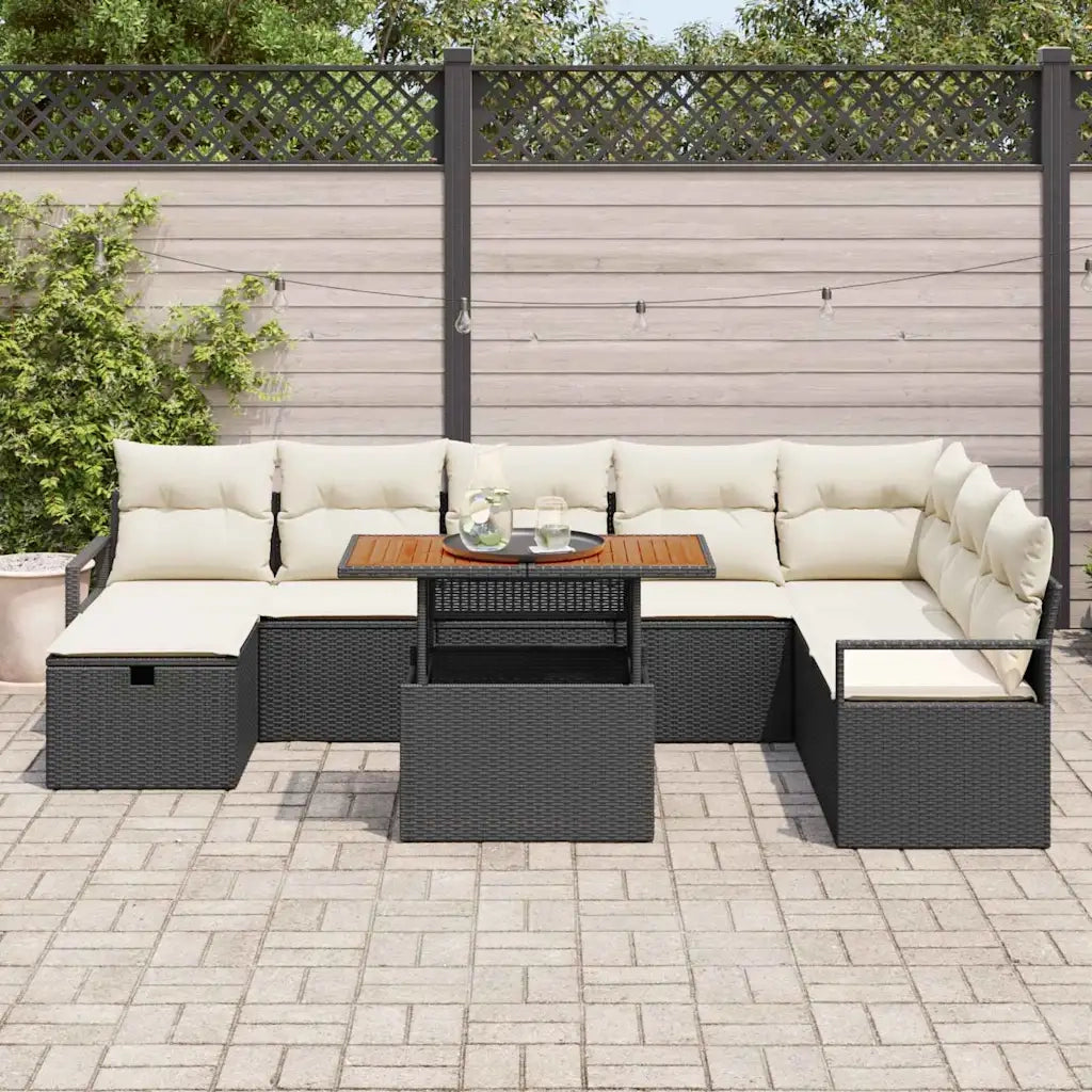 Set Divano da Giardino con cuscino 9 pcs Nero polyrattan
