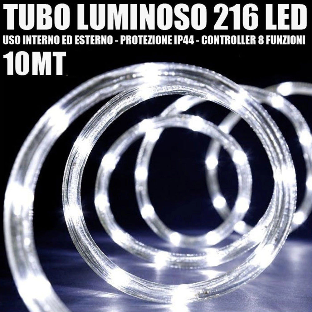 Trade Shop - Tubo Luminoso 216 Led Bianco Freddo 10 Mt 3vie Uso Interno/esterno + Controller -