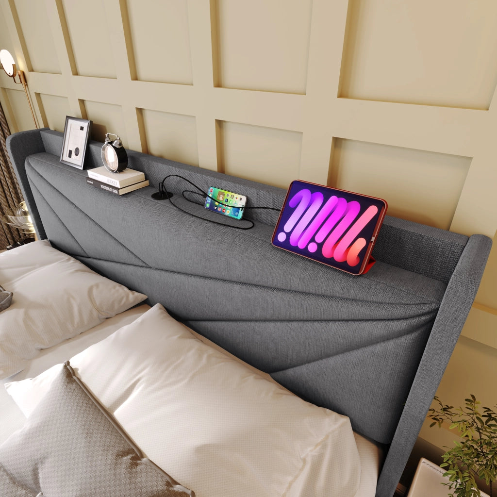 LETTO Contenitore 180x200 cm Grigio in cotone-lino con testiera e USB Type-C