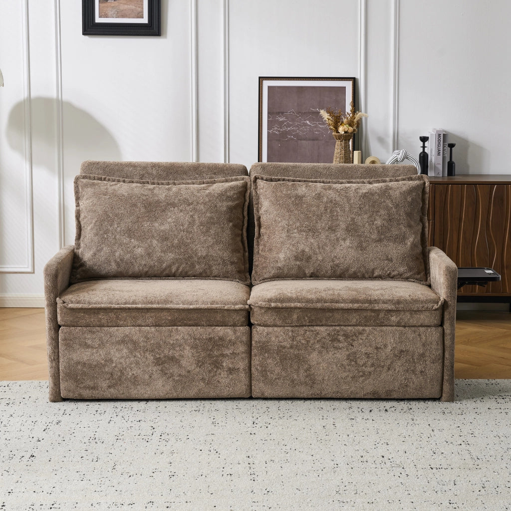 Divano letto con cuscini e USB, 3 in 1, schienale regolabile, contenitore, chenille, marrone ¨C Minimal