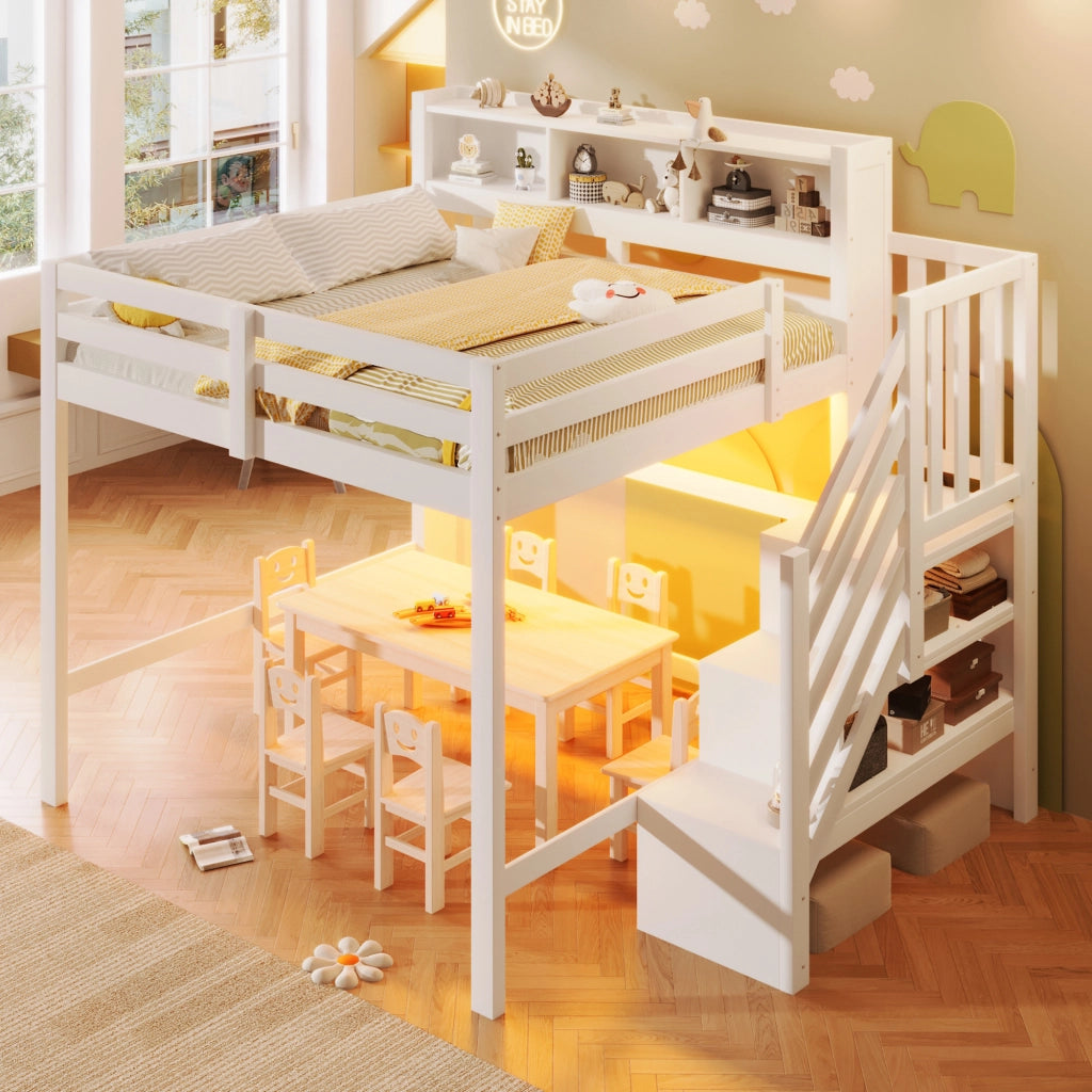 Letto castello 140x200 LED stivaggio scala vano bianco
