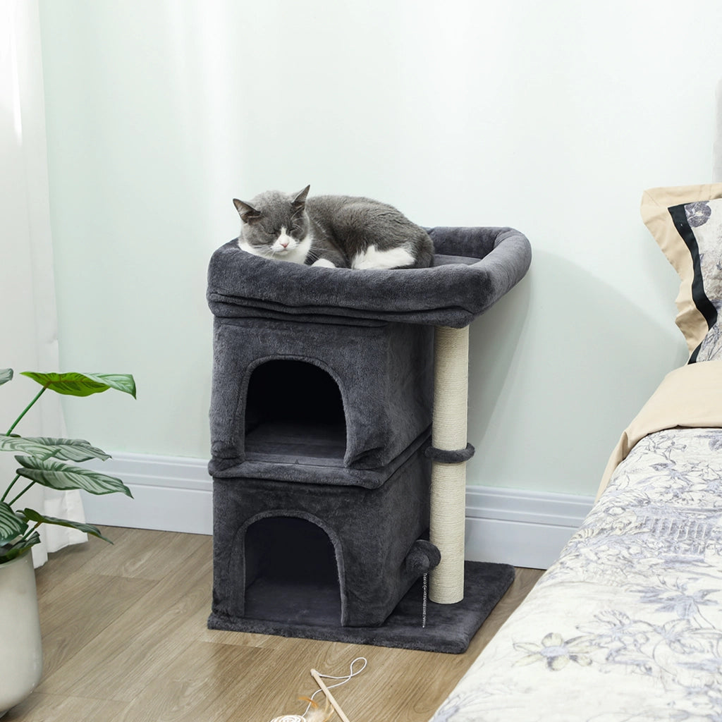 Tiragraffi per Gatti con Cuccia e 2 Grotte ¨C Xylo ¨C 66 cm Grigio Scuro con Palo Sisal